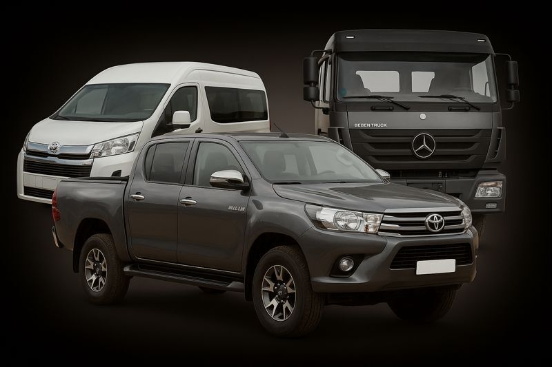 Toyota Hilux, Toyota Hiace van, and Mercedes-Benz truck - vehicles serviced by Goritech